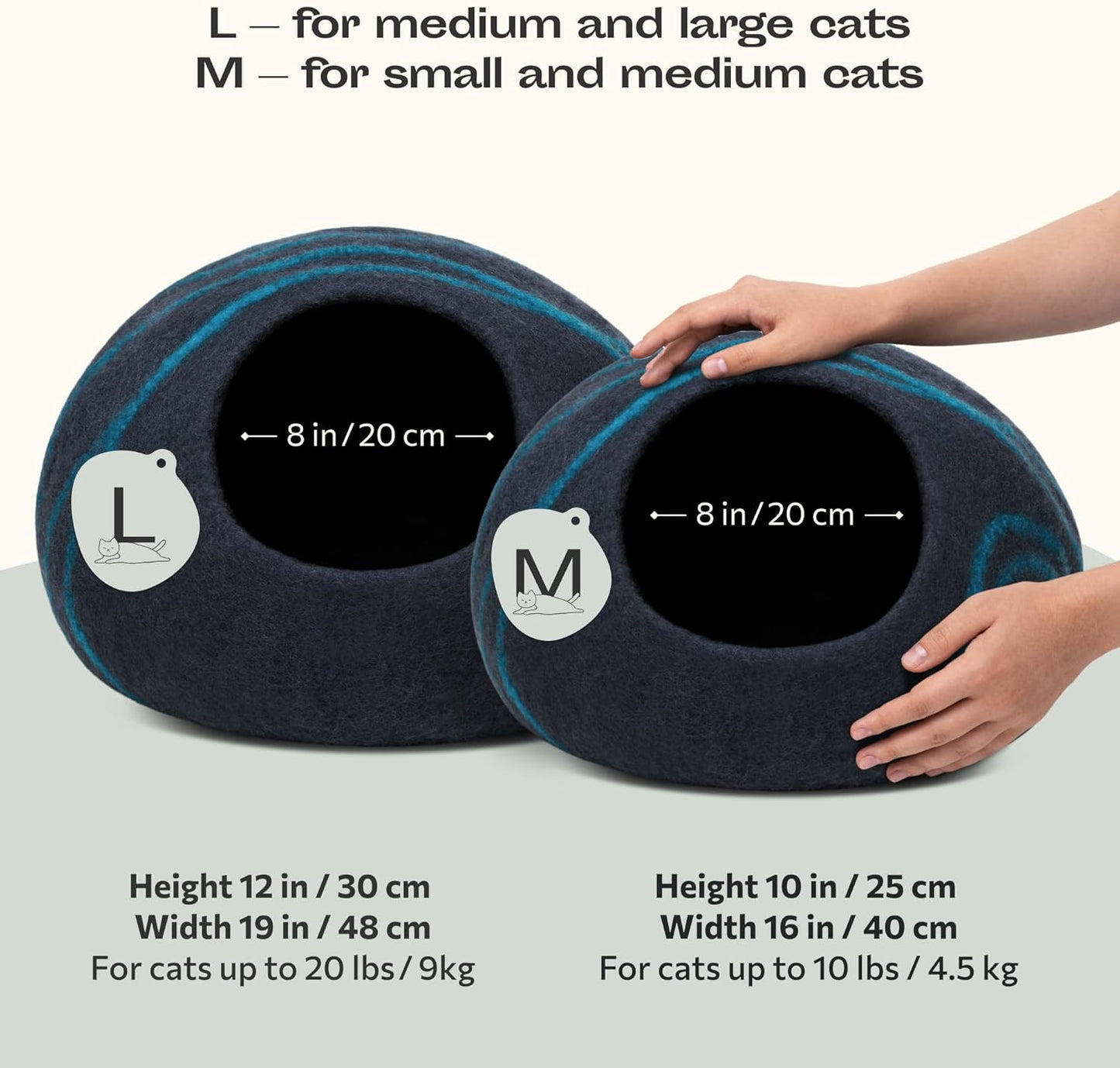 Cat Cave - Merino Wool Bed for Indoor Cats (Back Aqua, Large) | Cat Bed Enclosure, Premium Felt, Handmade, Super Soft, Lightweight, Breathable, Adjustable Shape