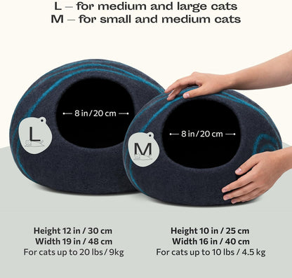Cat Cave - Merino Wool Bed for Indoor Cats (Back Aqua, Large) | Cat Bed Enclosure, Premium Felt, Handmade, Super Soft, Lightweight, Breathable, Adjustable Shape