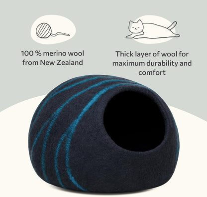 Cat Cave - Merino Wool Bed for Indoor Cats (Back Aqua, Large) | Cat Bed Enclosure, Premium Felt, Handmade, Super Soft, Lightweight, Breathable, Adjustable Shape