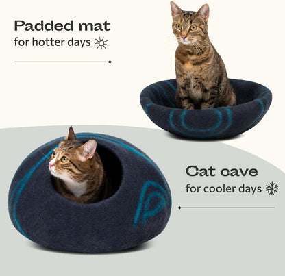 Cat Cave - Merino Wool Bed for Indoor Cats (Back Aqua, Large) | Cat Bed Enclosure, Premium Felt, Handmade, Super Soft, Lightweight, Breathable, Adjustable Shape