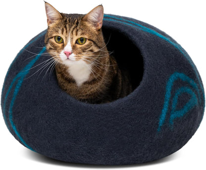 Cat Cave - Merino Wool Bed for Indoor Cats (Back Aqua, Large) | Cat Bed Enclosure, Premium Felt, Handmade, Super Soft, Lightweight, Breathable, Adjustable Shape