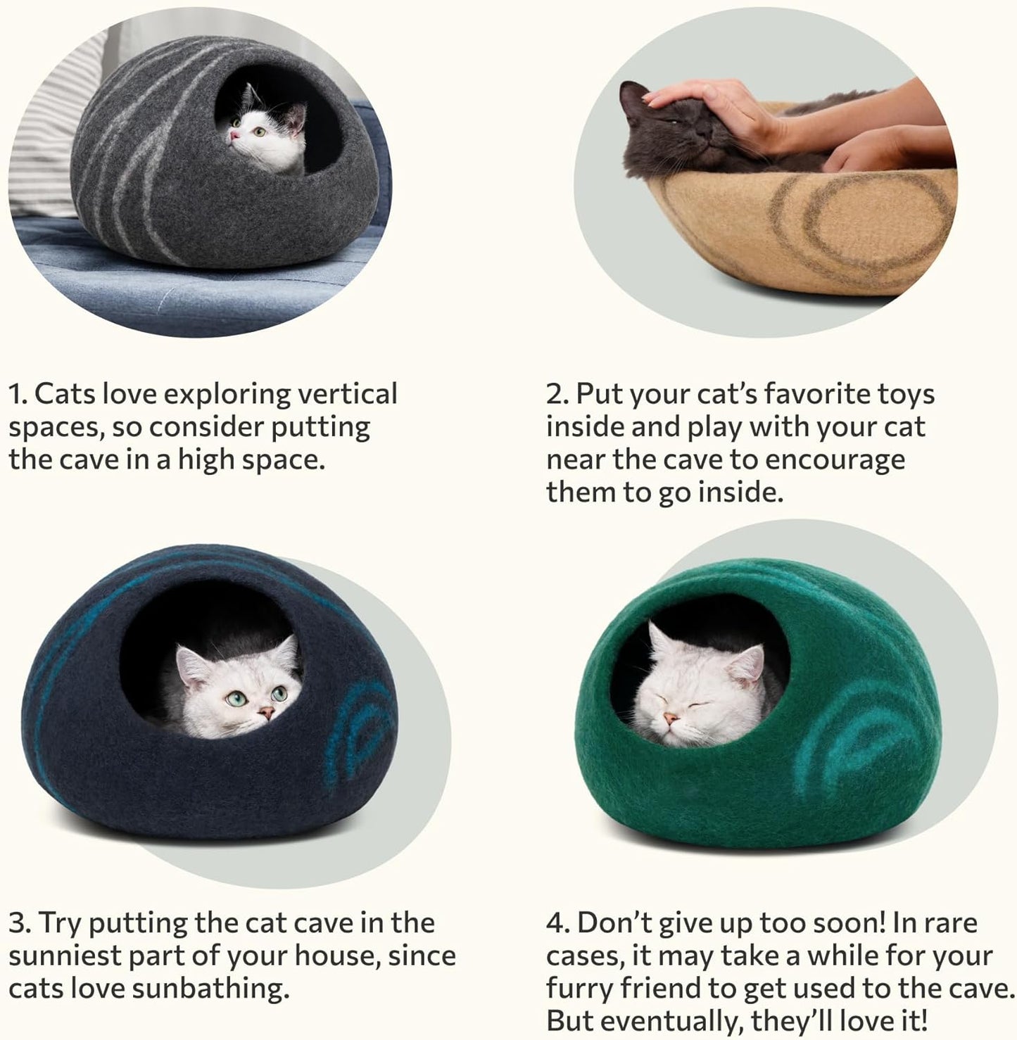 Cat Cave - Merino Wool Bed for Indoor Cats (Back Aqua, Large) | Cat Bed Enclosure, Premium Felt, Handmade, Super Soft, Lightweight, Breathable, Adjustable Shape
