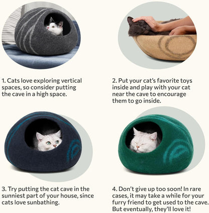 Cat Cave - Merino Wool Bed for Indoor Cats (Back Aqua, Large) | Cat Bed Enclosure, Premium Felt, Handmade, Super Soft, Lightweight, Breathable, Adjustable Shape